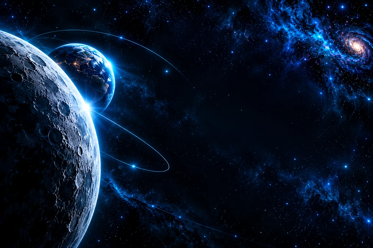 Lua e Terra em um cenário espacial azul