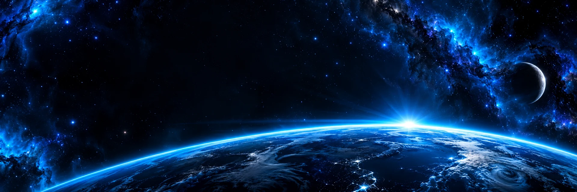 Horizonte azul de um planeta e lua crescente