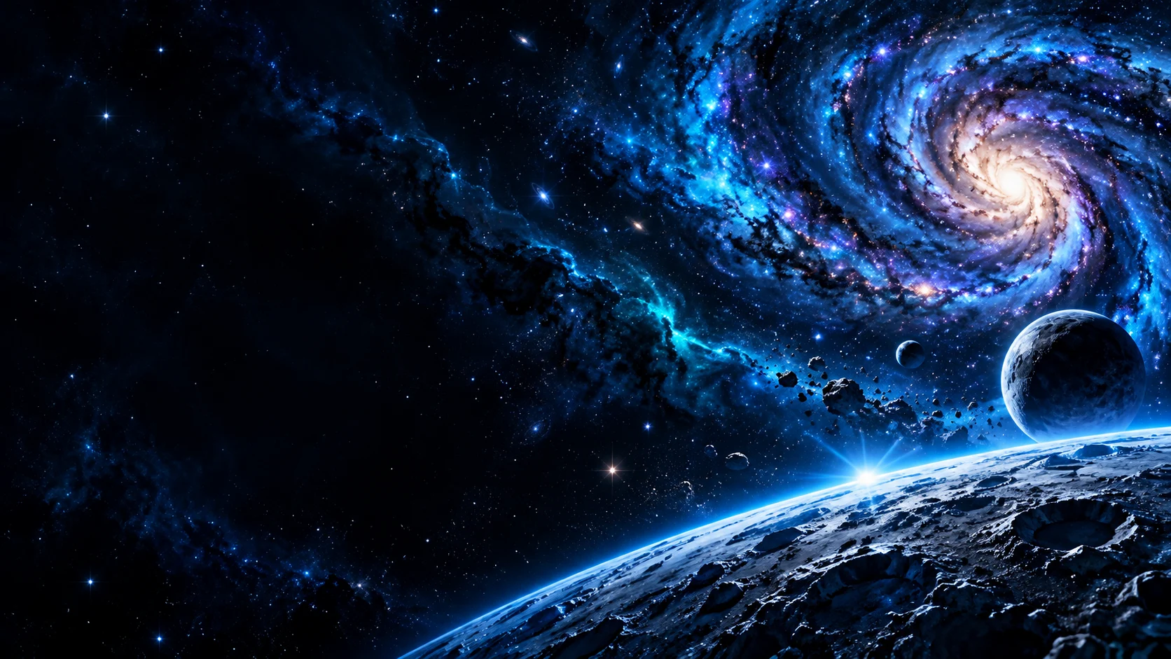 Galáxia azul sobre um horizonte lunar